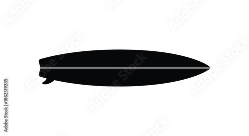 A simple black silhouette of a surfboard highlighting its streamlined shape and tail design