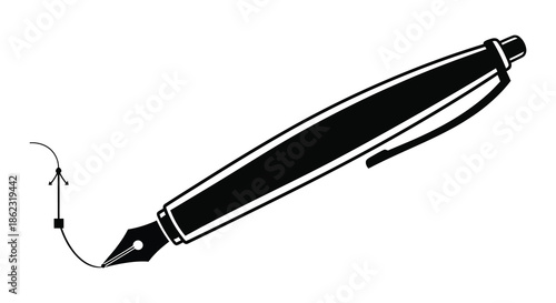 A simple black and white illustration of a fountain pen showcasing its elegant design and nib