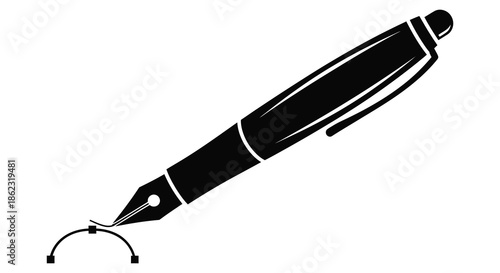 A sleek black fountain pen with a curved nib depicted in a minimalist black and white style