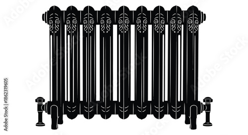 A classic black cast iron radiator with vertical columns a common heating element design