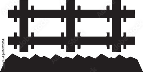 Simple black silhouette of a wooden farm fence on uneven ground