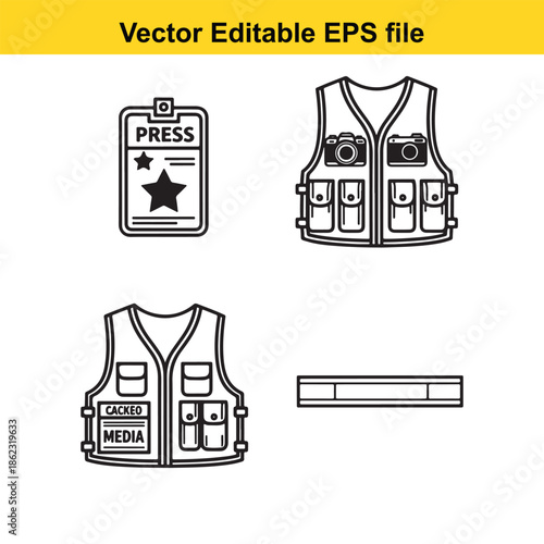 vector eps file of press vest designs with various labels and pockets