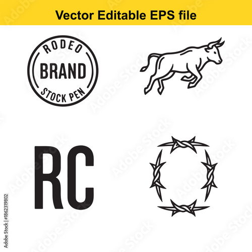  vector editable eps file containing rodeo brand logos and icons on white background isolated on white background