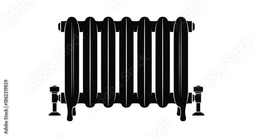 A detailed black and white illustration of a vintage cast iron radiator with multiple sections