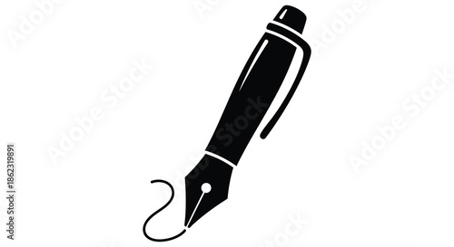 A sleek black fountain pen icon is presented in a simple minimalist style on white