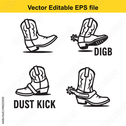  a set of four black and white cowboy boot icons with dust and dirt effects isolated on white background