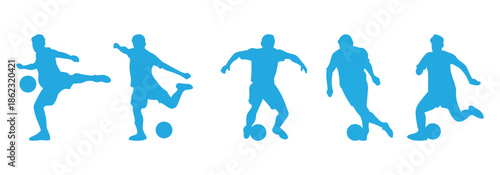 Dynamic blue silhouettes of soccer players in various action poses with ball
