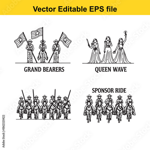  vector editable eps file of people in parade roles with flags isolated on white background
