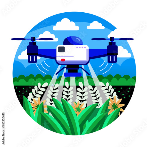 Flat style illustration showing drone spray