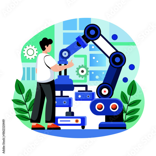 Flat style illustration showing a robotic arm