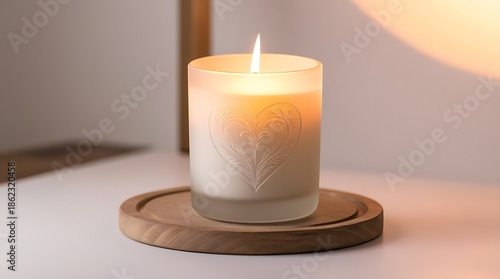 Wallpaper Mural Photograph of a romantic handcrafted candle in delicate frosted glass with an intricately engraved heart, illuminated by soft studio lighting with a warm key light. Torontodigital.ca