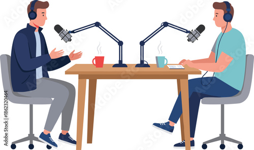 Two men recording podcast interview with microphones headphones coffee cups discussing ideas at table in modern professional studio environment illustration