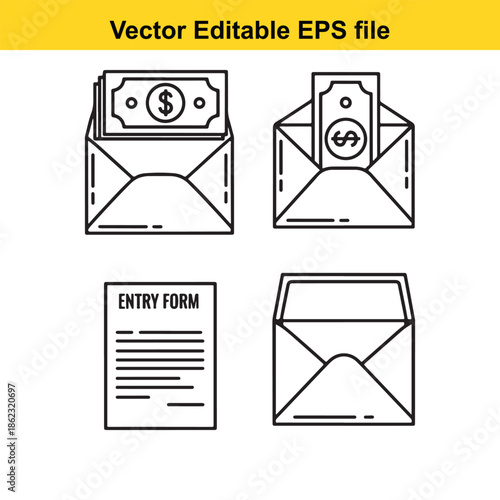  vector editable eps file of four envelope icons with money and document
