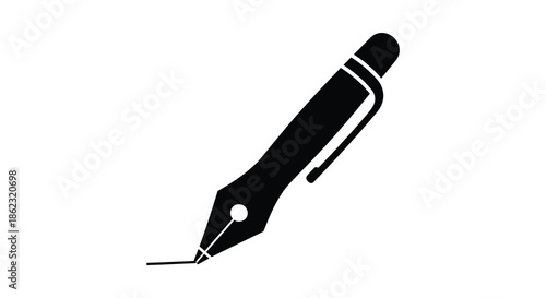 A simple black and white illustration depicting a classic fountain pen design with detail
