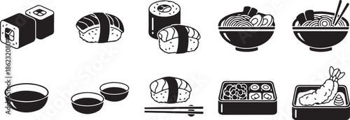 Collection of japanese food icons: sushi, ramen, and bento
