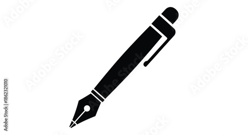 A simple black and white illustration of a classic fountain pen angled for a clean design