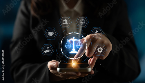 Futuristic digital law interface displaying justice scale, highlighting digital law, AI compliance, digital law systems, and digital law regulations for secure governance. Spline