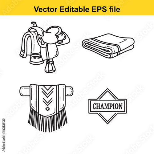  vector champion rodeo icons with saddle blanket and badge on white background