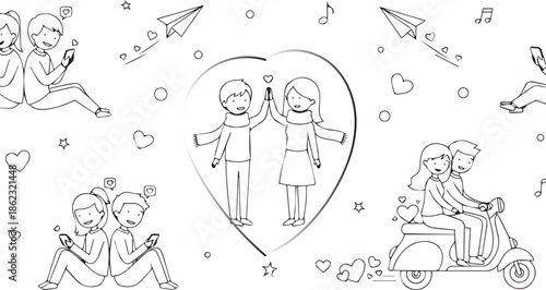 Romantic Couple Inside Heart With Friends And Family Moments On Scenery Of Love And Fun