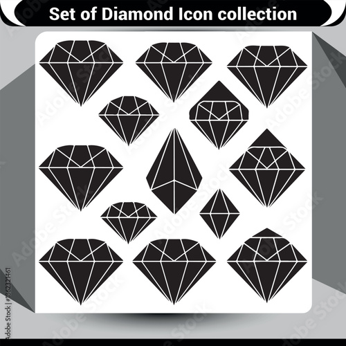 A comprehensive collection of diverse black diamond icons depicting various cuts and styles
