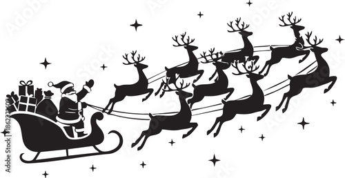 Santa claus silhouette in his sleigh pulled by reindeer isolated on transparent background