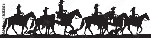 Silhouette of a group of cowboys riding horses across a plain isolated on transparent background