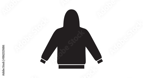 A simple black silhouette depicting a hooded sweatshirt or jacket isolated on a white background