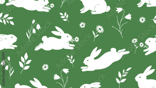 Seamless Minimal Easter Bunny Pattern With White Rabbit Silhouettes And Delicate Spring Florals On Fresh Green Background For Scandinavian Branding And Modern Lifestyle Design