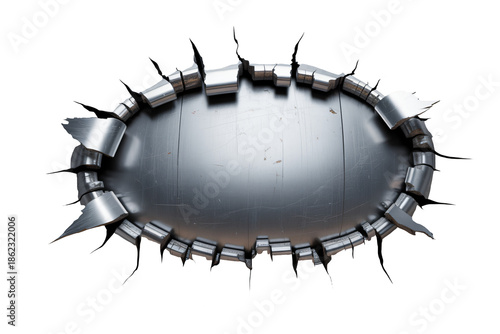 Damaged metal sheet with torn edges in dramatic lighting on white background for industrial design