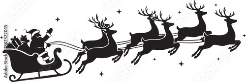 Black silhouette of santa claus and his reindeer pulling a sleigh isolated on transparent background