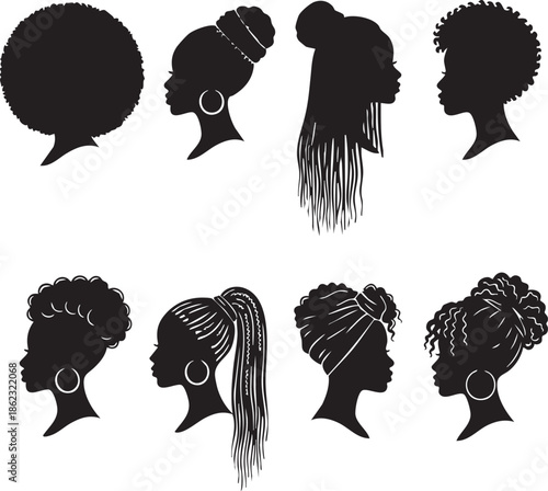Collection of diverse black woman hair silhouettes isolated on transparent background
