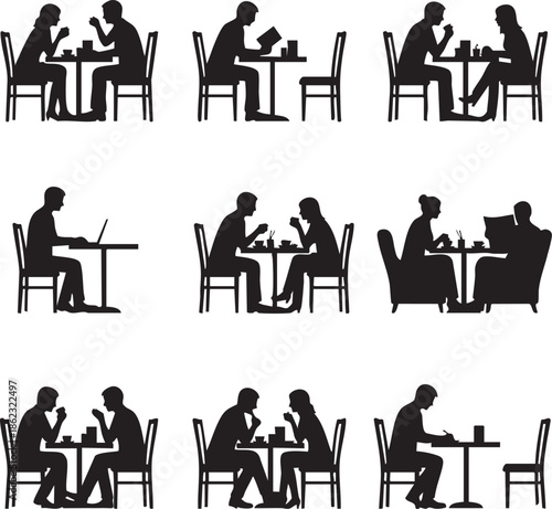 Collection of silhouettes of people dining and working at tables isolated on transparent background