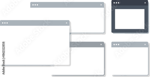 Set of five various blank browser and operating system windows interface frames for website mockups and graphic design templates