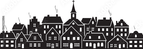 Detailed black silhouette of a quaint european town skyline isolated on transparent background