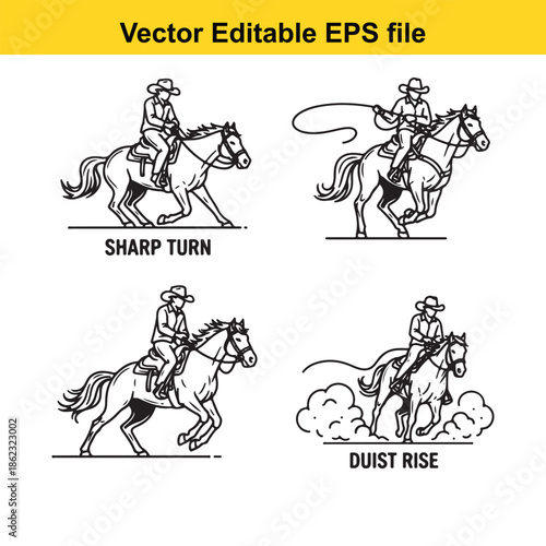  vector editable eps file of cowboy riding horse with rope in sharp turn and rise