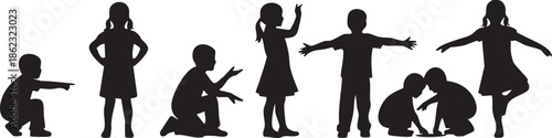 Diverse group of children in various playful poses silhouette isolated on transparent background