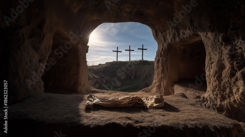 Wallpaper Mural Interior view of an empty stone tomb with discarded burial linens, looking out toward three crosses on Golgotha at dawn. A symbolic representation of the Christian Easter resurrection and hope. Torontodigital.ca