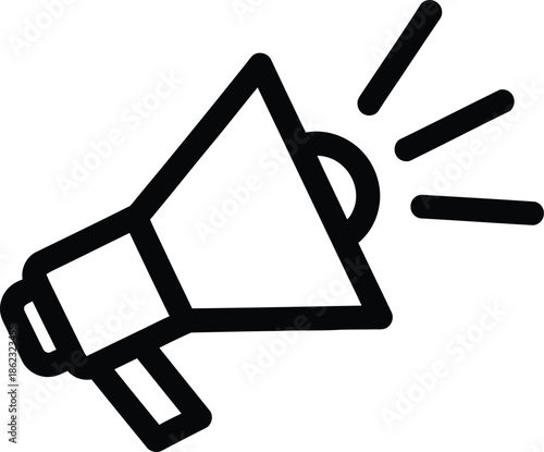 Outline icon of a megaphone broadcasting sound, representing communication and public announcement