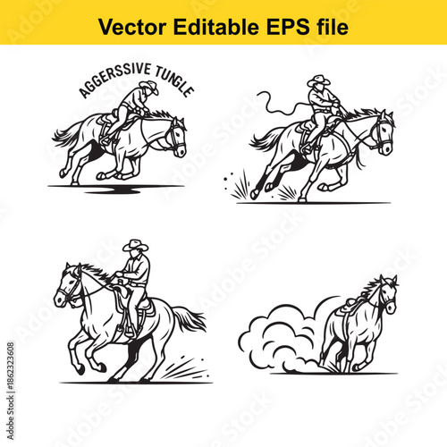  vector editable eps file of aggressive cowboy riding horse in various poses isolated on white background