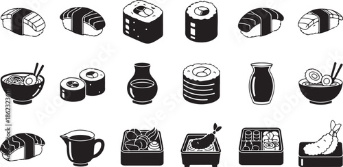 Various japanese sushi and food icons for design