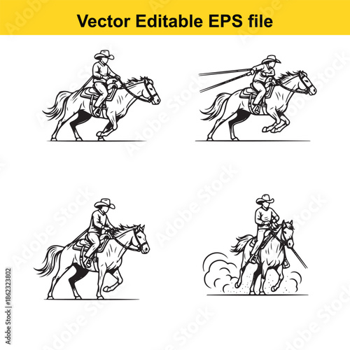  vector illustrations of cowboys riding horses and roping with lasso isolated on white background