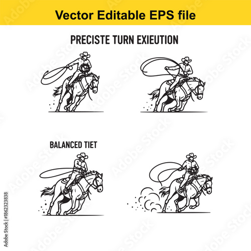  detailed vector graphics of cowboys on horseback with lasso in various poses
