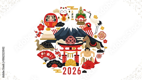 Cultural Celebration, Japanese Traditions, Mount Fuji, Illustration, Festive Atmosphere, Aerial View, 2026 Year of Prosperity