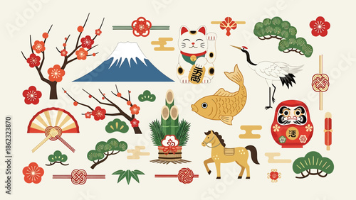 Japanese Traditions, Illustration, Nature, Colorful Elements, Artistic View
