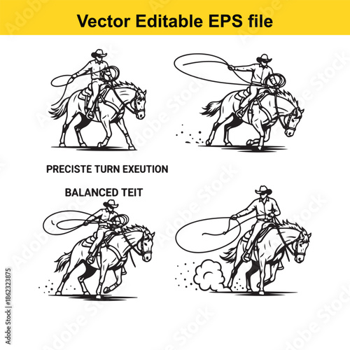  cowboys on horseback with lassos in motion vector illustrations set