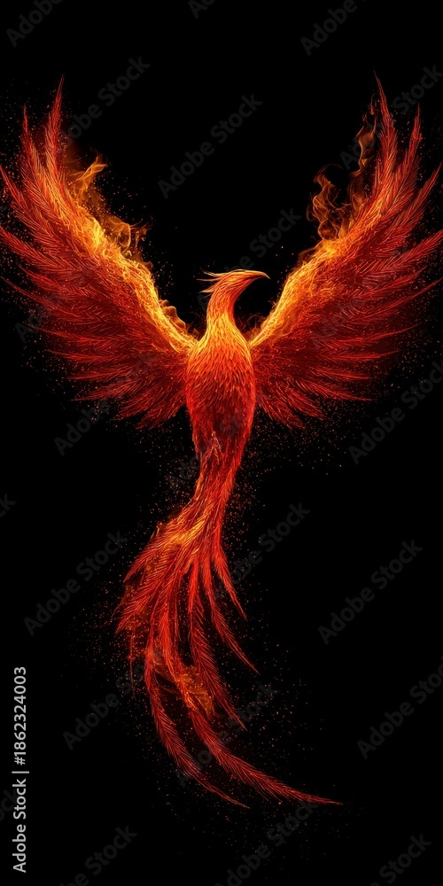 Fototapeta premium Soaring Pheonix Amidst Fiery Flames on Dark Canvas