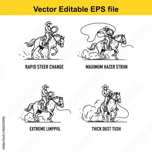  collection of editable vector eps files depicting cowboys riding horses with lassos in motion isolated on white