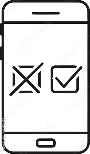 Mobile phone with check and cross mark icons for selection or validation on screen