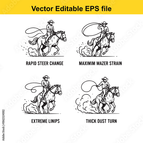  vector editable eps file of cowboy riding horse in various dynamic poses with rope