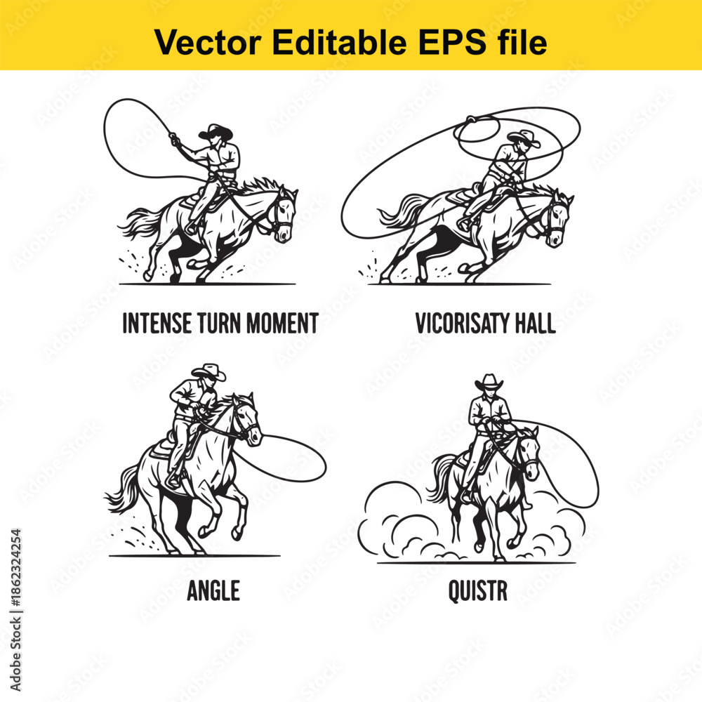 Naklejka premium cowboy on horseback with lasso in multiple dynamic poses and angles isolated